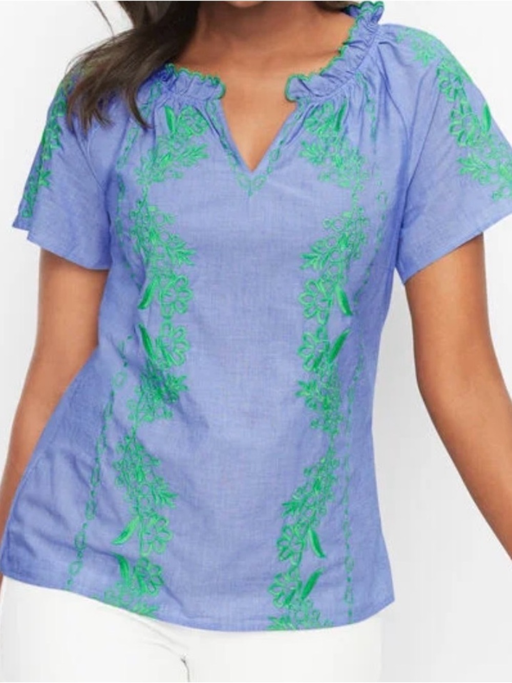 Talbots Blue Green Floral Embroidered Ruffled V-Neck Top Women’s L